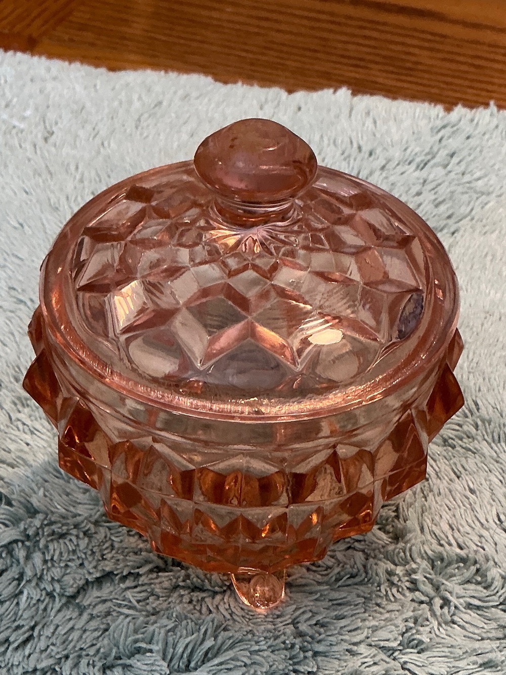 Jeannette Glass Company Vintage Pink Cube Pattern Powder Jar W/Lid